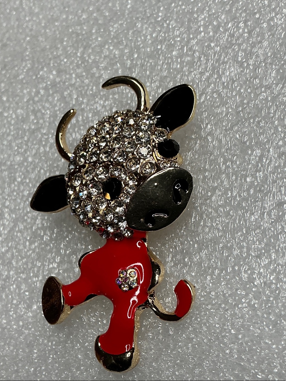 Source Unknown Red and Black Crystal Cow Brooch